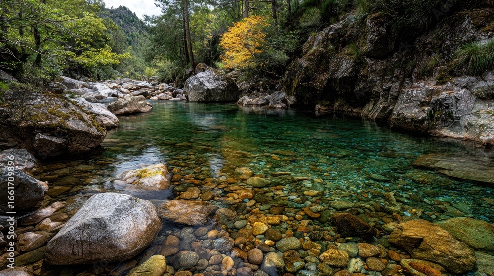 Obraz premium Serene Mountain Stream with Crystal Clear Water and Colorful Autumn Foliage in a Tranquil Natural Setting