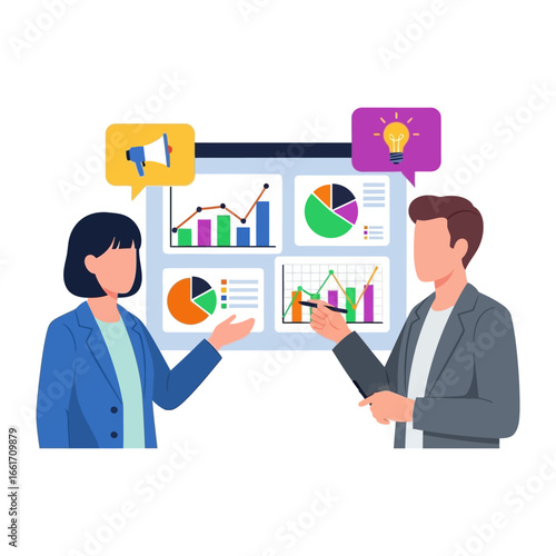 Data-Driven Discourse: An insightful illustration of a presentation, two figures collaboratively review complex graphs and pie charts.