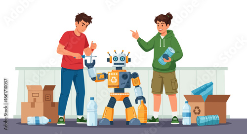Creative youth builds robot from recycled plastic bottles, innovative reuse for eco friendly future