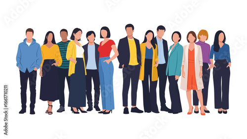 Diverse Group Standing Together: An illustration showcasing a gathering of diverse individuals standing shoulder to shoulder, creating an impression of solidarity, inclusion and unity.