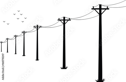 Silhouette of electric utility poles, power lines stretching into distance, rural landscape illustration, minimalist black and white power line scene