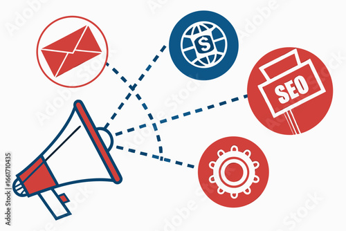 Email and communication technology vector illustrations of flat envelopes with letters, icons, and signs on an abstract background
