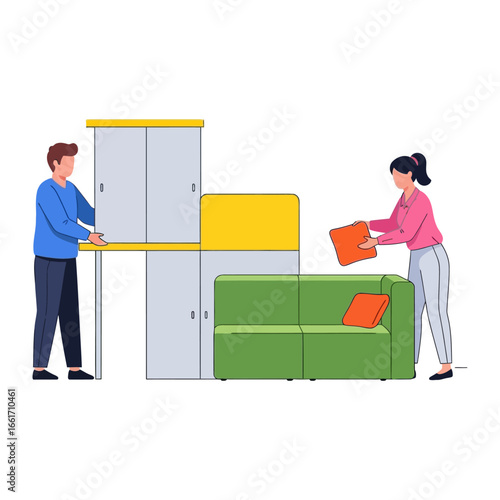 Setting Up the Home: An illustration that is carefully crafted, depicting a man and woman engaged in setting up the furniture. A couch, desk, and storage is presented in a simplified format.