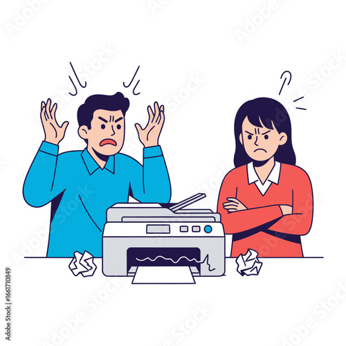 Printer Problems: A frustrated man and woman, locked in a tense office moment. Surrounded by crumpled paper, a printer spews out the aftermath of a technical difficulty.