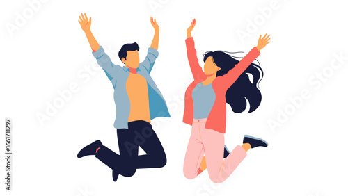 Jumping with Joy: A vibrant illustration of two individuals leaping into the air, arms raised in a gesture of exuberant happiness and celebration, symbolizing positivity and freedom.