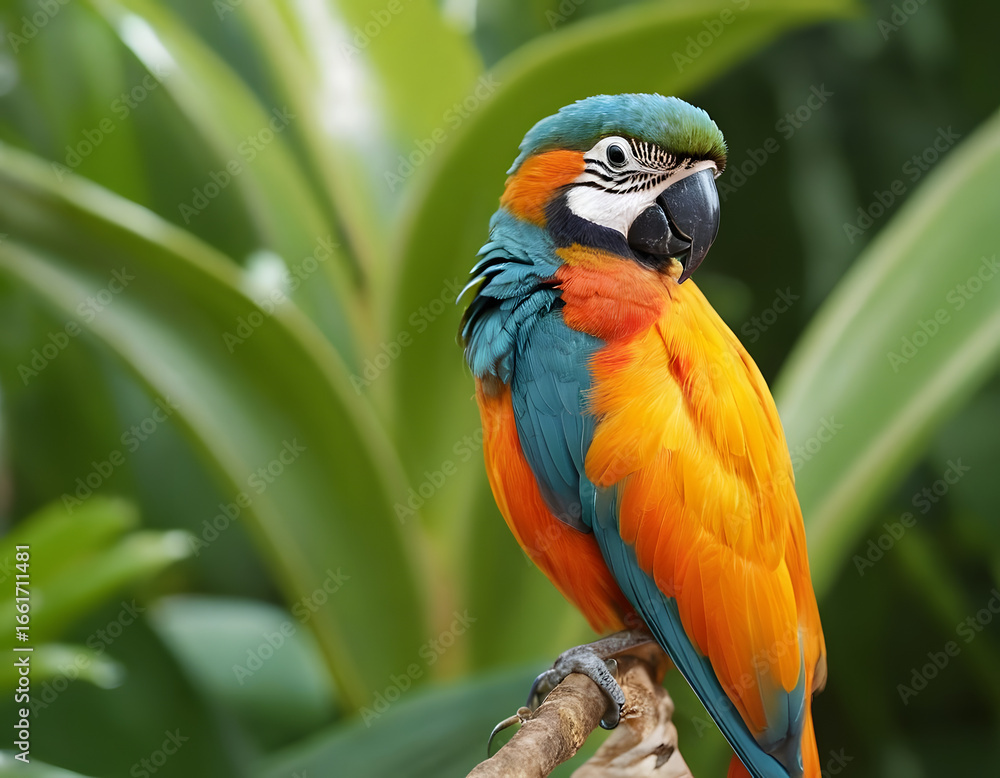Obraz premium Colorful Parrot Sitting Alone on Tree Branch in Tropical Forest. Beautiful Macaw with Bright Feathers Perched on Branch. Single Exotic Parrot Bird in Natural Jungle Habitat. Vibrant Tropical Parrot Re