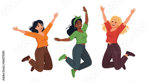 Joyful Jump: Three animated women, arms raised in joyful celebration, leaping high, perfectly capturing the elation and vitality of sisterhood in vibrant action.