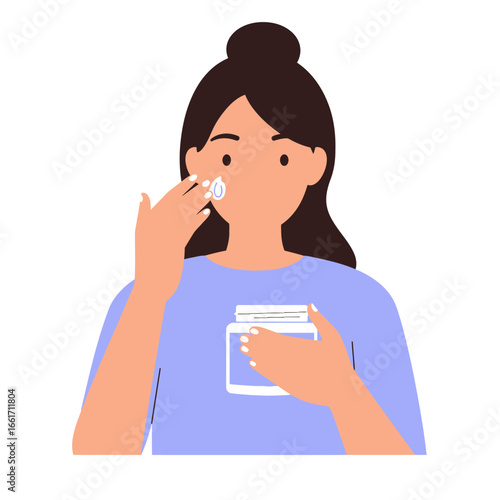 A charming illustration captures a young woman with her hair in a bun gently dabbing a white facial moisturizer from a jar onto her cheek during her daily beauty routine.