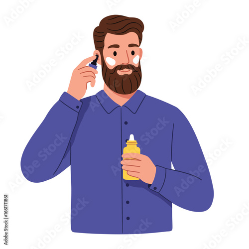 An elegant illustration portrays a contemporary bearded man carefully applying a moisturizing facial serum from a dropper bottle for his essential grooming routine.