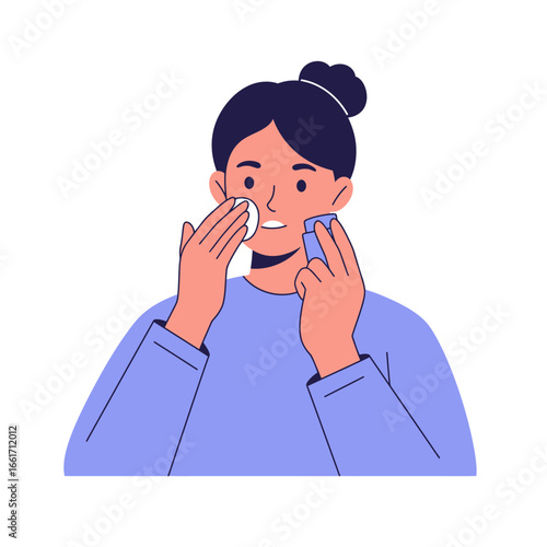 A young woman with her hair tied back carefully applies facial toner with a cotton pad, demonstrating a daily beauty and skincare regimen.