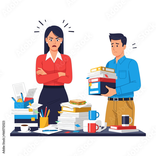 Work Overload: A stressed female manager looks on as a male employee struggles under a heavy pile of paperwork, with their desk strewn with scattered office supplies.