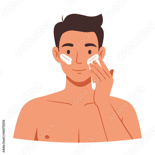 A confident young man thoughtfully applies a nourishing facial cream as part of his daily self-care routine, promoting a healthy, hydrated complexion.