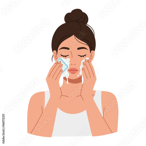 An illustration of a young woman with a neat bun, gently washing her face with foamy cleanser and a soft pad, demonstrating a refreshing daily skincare routine.