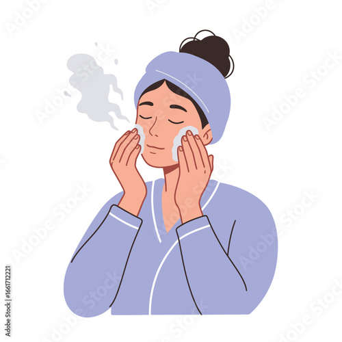 A serene young woman enjoys a relaxing facial treatment, gently cleansing her skin with cotton pads and steam as part of her self-care beauty routine.