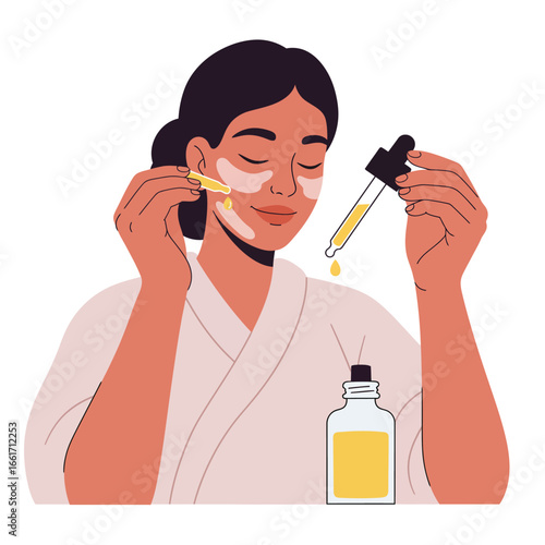 A serene woman with eye patches meticulously applies a nourishing facial serum using a dropper, embracing a mindful skincare routine for radiant, healthy skin.