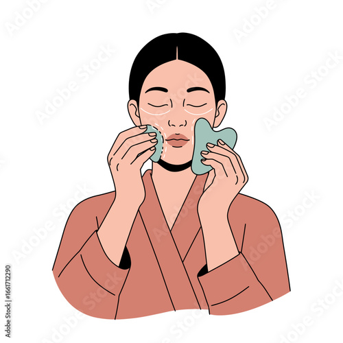 A serene woman practices a relaxing self-care routine, using a gua sha and a facial roller on her face with eye patches, promoting beauty and wellness.