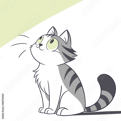 Gray tabby cat looking upward with large eyes in cartoon style  