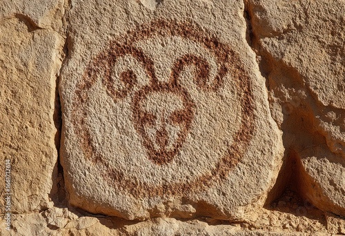 Petroglyph of a ram-like animal on a sandstone rock face.