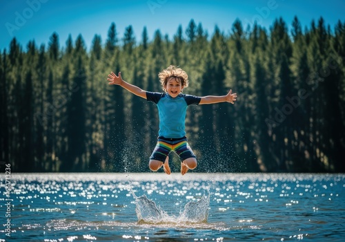 Joyful Boy Leaps into Sparkling Lake