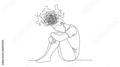 Mental Struggle: A line drawing illustrates a person, embodying the silent battle with anxiety and depression. curled up. Expressing emotional burden, solitude and vulnerability. 