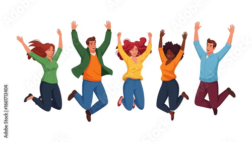 Joyful Leaps: Capturing a moment of pure, unadulterated joy and exhilaration as a diverse group of people leaps skyward with unrestrained glee, arms raised in celebration.