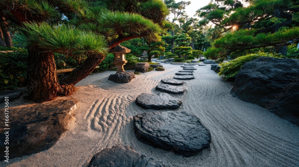 Naklejka premium Tranquil Japanese Garden with Serene Pathway and Lush Greenery at Sunset Time