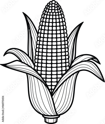 A stylized black and white illustration of a ripe corn cob with husks