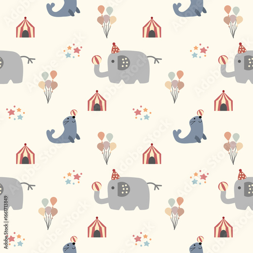 Elephant and seal play ball of circus cartoon so cute. On tent balloon star background. Pattern seamless vector illustration. 