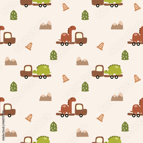 Dinosaur on truck cartoon so cute. On mountain tree traffic cone background. Pattern seamless vector illustration. 