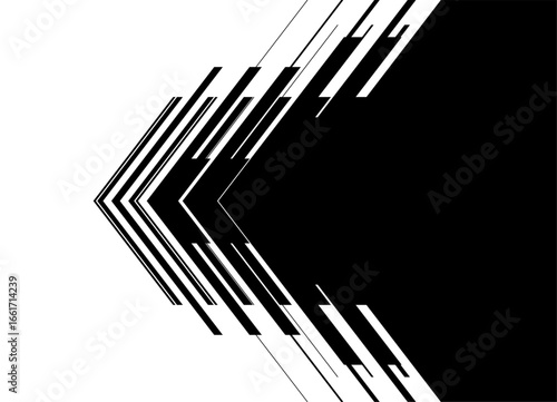 Vector transition from black to white in the form of an arrow. Striped Design Element. Sports pattern. Vector background. Place for text. Abstract broken lines. Pointer