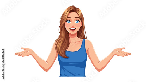 Surprise Expression: A beautiful woman of fair complexion with open hands, showcasing a delighted expression, dressed in a bright, solid-colored tank top against a clean background.