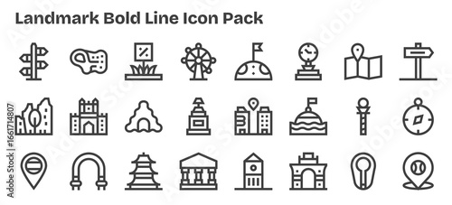 24 Bold Outline Style Icons - Landmark Collection