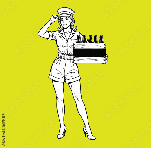 Retro Beer Delivery Pin‑Up Girl with Crate – Black and White Vector on Lime