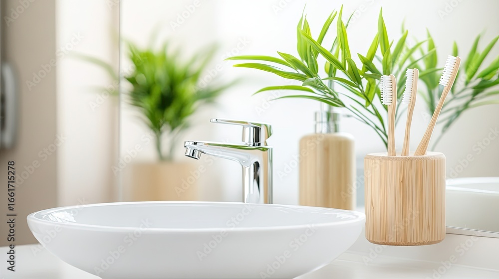 Fototapeta premium A white table holds green plants and toothbrushes in front of a sink, creating a clean and inviting bathroom environment