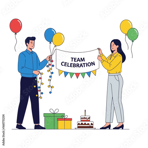 Team Celebration: An illustration capturing the spirit of a team event, with balloons, banners, gifts, and a cake, symbolizing the joy of achievement and collective effort.