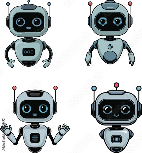 Funny cartoon android and robot character set illustration isolated on white background