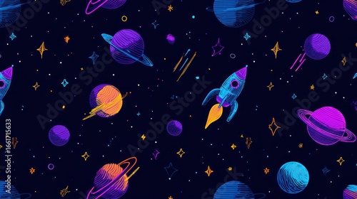 Space-themed repeating pattern with planets, rockets, and stars