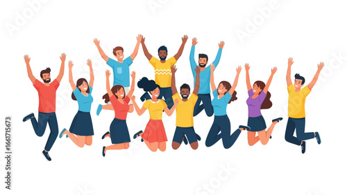 Joyful Leap: A vibrant illustration of a diverse group of individuals, filled with elation as they leap, their arms raised in a collective celebration, capturing the essence of jubilation and unity.