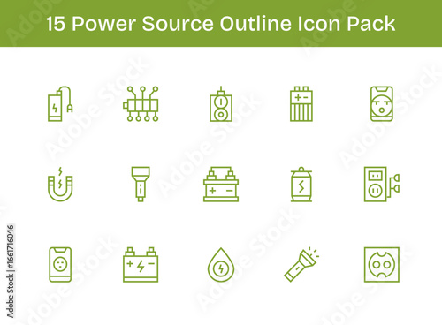 Power Source Design Icons - 15 in Outline Style