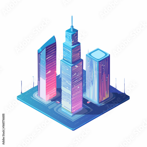 Isometric vector art of a futuristic high-rise cityscape with vibrant glowing neon lights, inspired by cyberpunk themes.