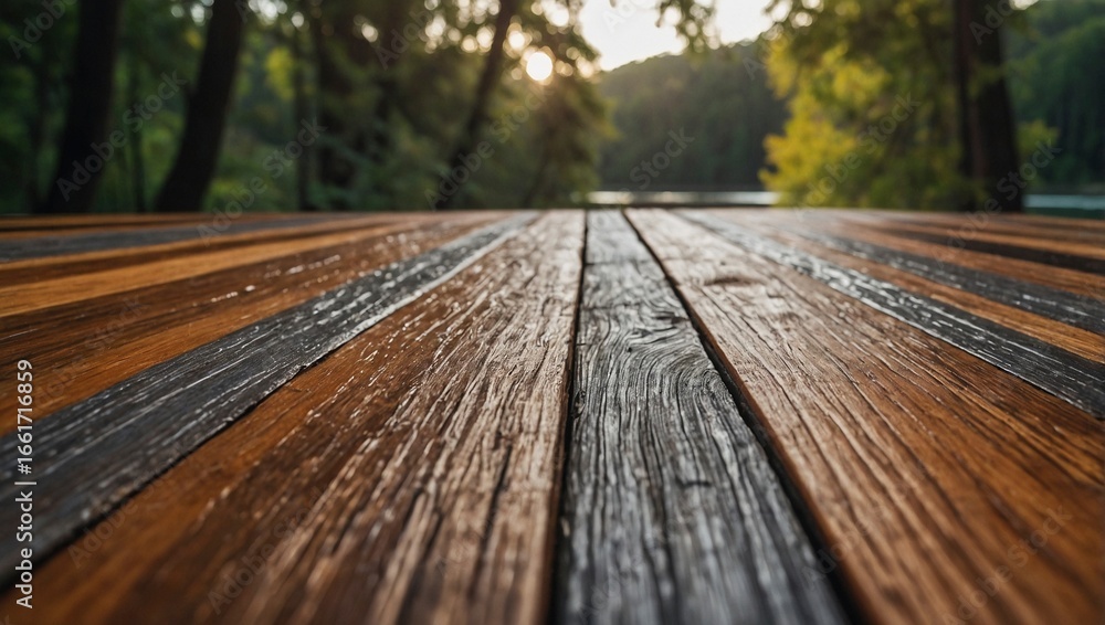 Obraz premium Empty wooden table surface for mockups. Outdoor exposition exhibit board platform. Unoccupied wooden path in park forest, perfect for nature themed presentations.