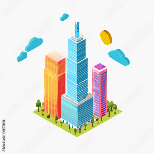 Creative Architectural Isometric City Illustration with Skyscrapers and Buildings for Urban Design