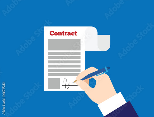 Hand of Business Man Signing a Contract Flat Style. Signature and official document vector art