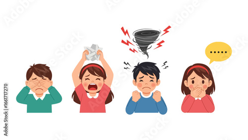 Illustrative Emotional Spectrum: A collection of emotive illustrations portrays a variety of feelings, from distress to frustration. Each character embodies a unique emotional state.