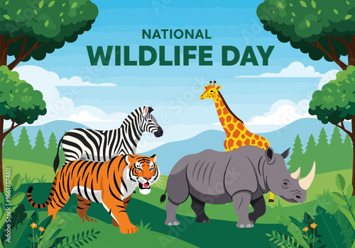 National wildlife day with zebrta, giraffe, tiger, rhino