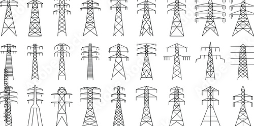 Electricity transmission tower vector set, high voltage pylons silhouettes, power line structures collection, energy grid icons, utility pole designs bundle