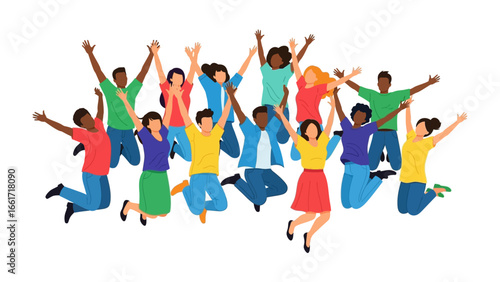 Diverse Collective Leap: A vibrant assembly of diverse individuals leaps joyfully into the air, their arms outstretched in a spirited embrace of unity, celebrating the shared experience in a bright.
