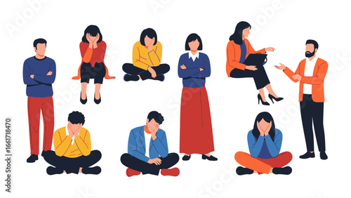 Emotional Spectrum: An illustration showcases a variety of individuals, each portraying a unique expression of emotions, with a counselor engaged in a dialogue.