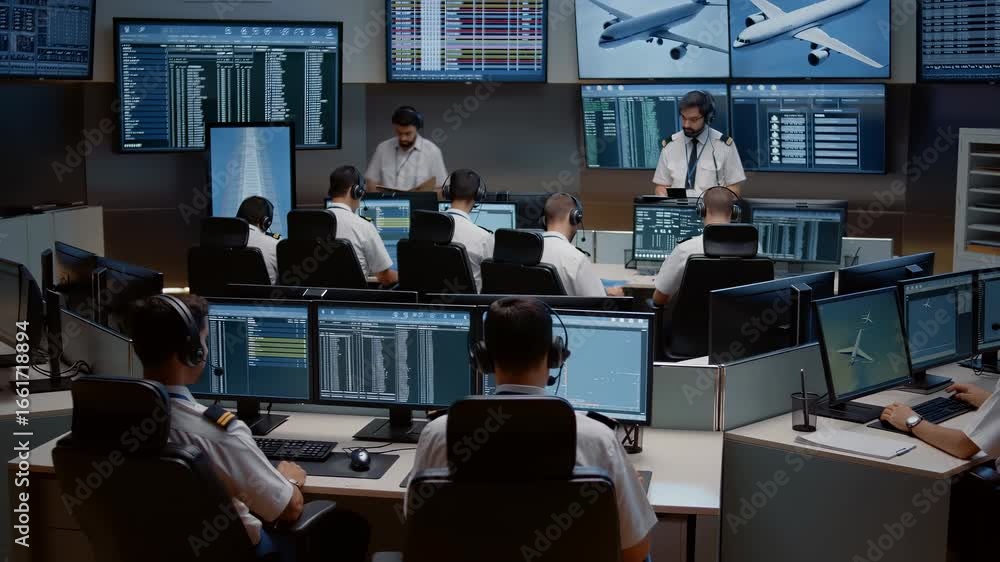 Team of flight controllers wearing headsets and using computers while managing air traffic in a modern airport control tower, their supervisor standing and holding a tablet