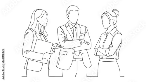 Collaboration in Contour: A minimalist line art illustration portrays three figures engaged in a thoughtful discussion, exuding a professional atmosphere.